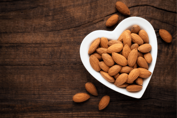 almonds in a heart shaped bowl