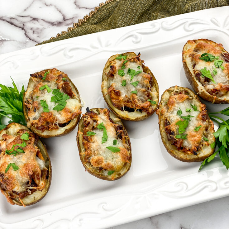 Baked Potato Skins with BBQ Chicken and Caramelized Onions