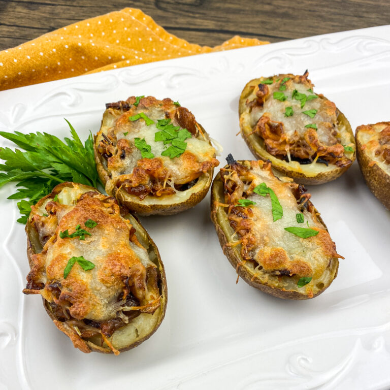 Baked Potato Skins with BBQ Chicken and Caramelized Onions